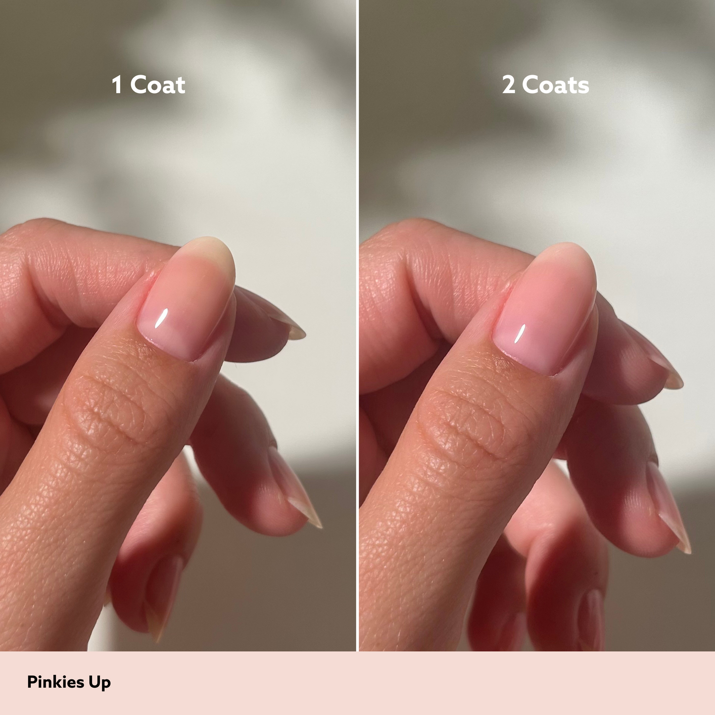 Thumb comparing 1 vs 2 coats of Pinkies Up nail lacquer