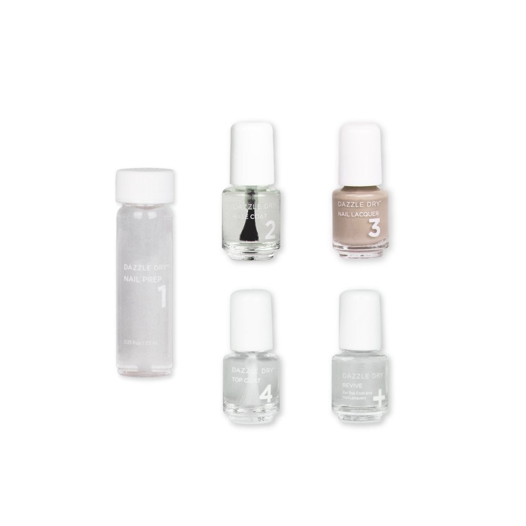 Broadway Beige Mini Kit - Mini Nail Prep Bottle, Mini Base Coat Bottle, Broadway Beige Mini Nail Lacquer Bottle, Mini Top Coat Bottle, Mini Revive Bottle