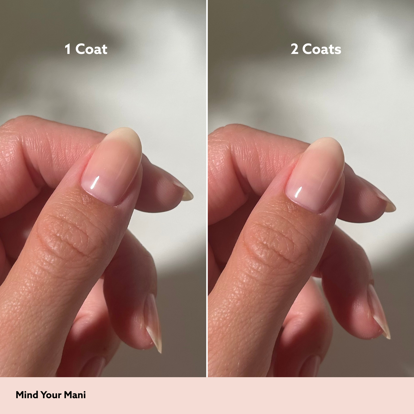 Thumb comparing 1 and 2 coats of Mind Your Mani lacquer